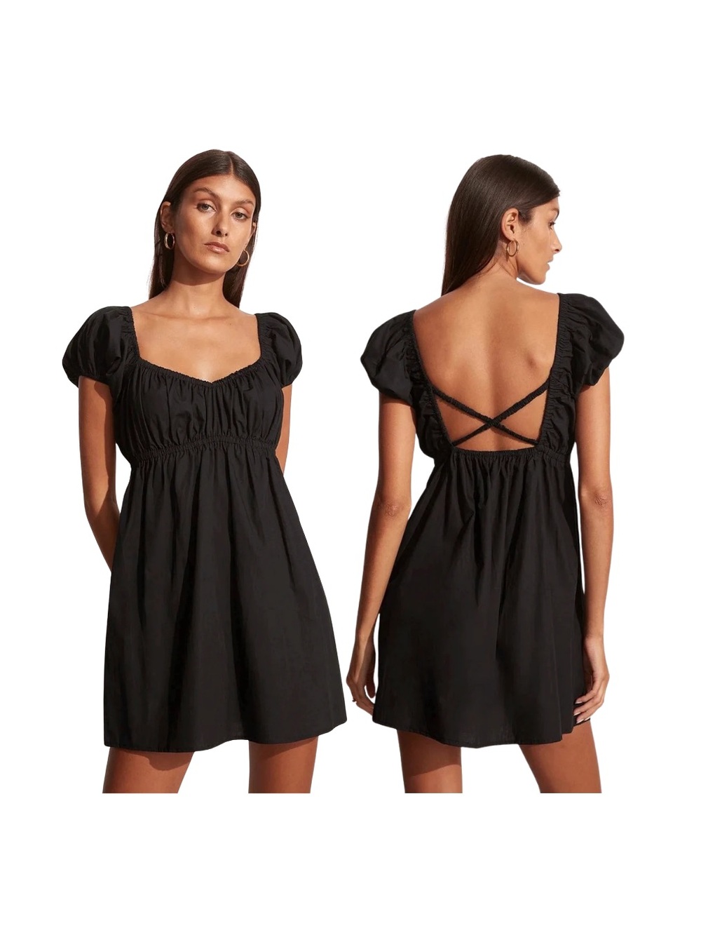 Faithfull the Brand Black Puff Sleeve Mini Dress Open Back Size 2